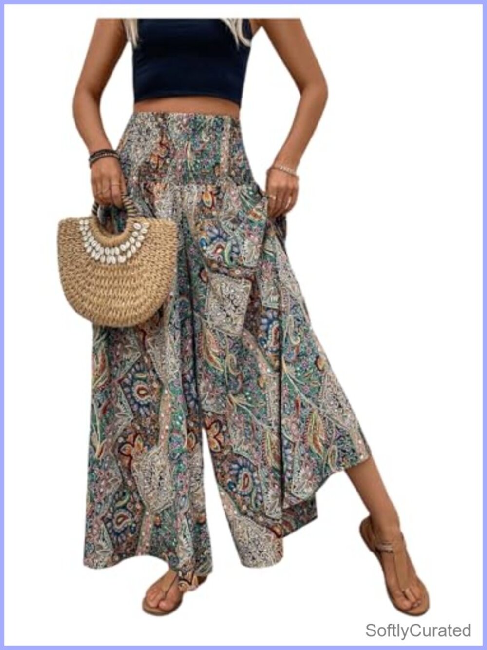 Boho Paisley Print Palazzo Pants High Waisted Wide Leg Smocked Waist Flowy - Picture 1 of 3